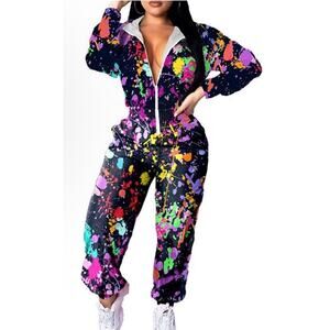 Pullover Hoodie Jumpsuit 1/2 Zipper 80s Elastic Waistband One Piece paint Outfit